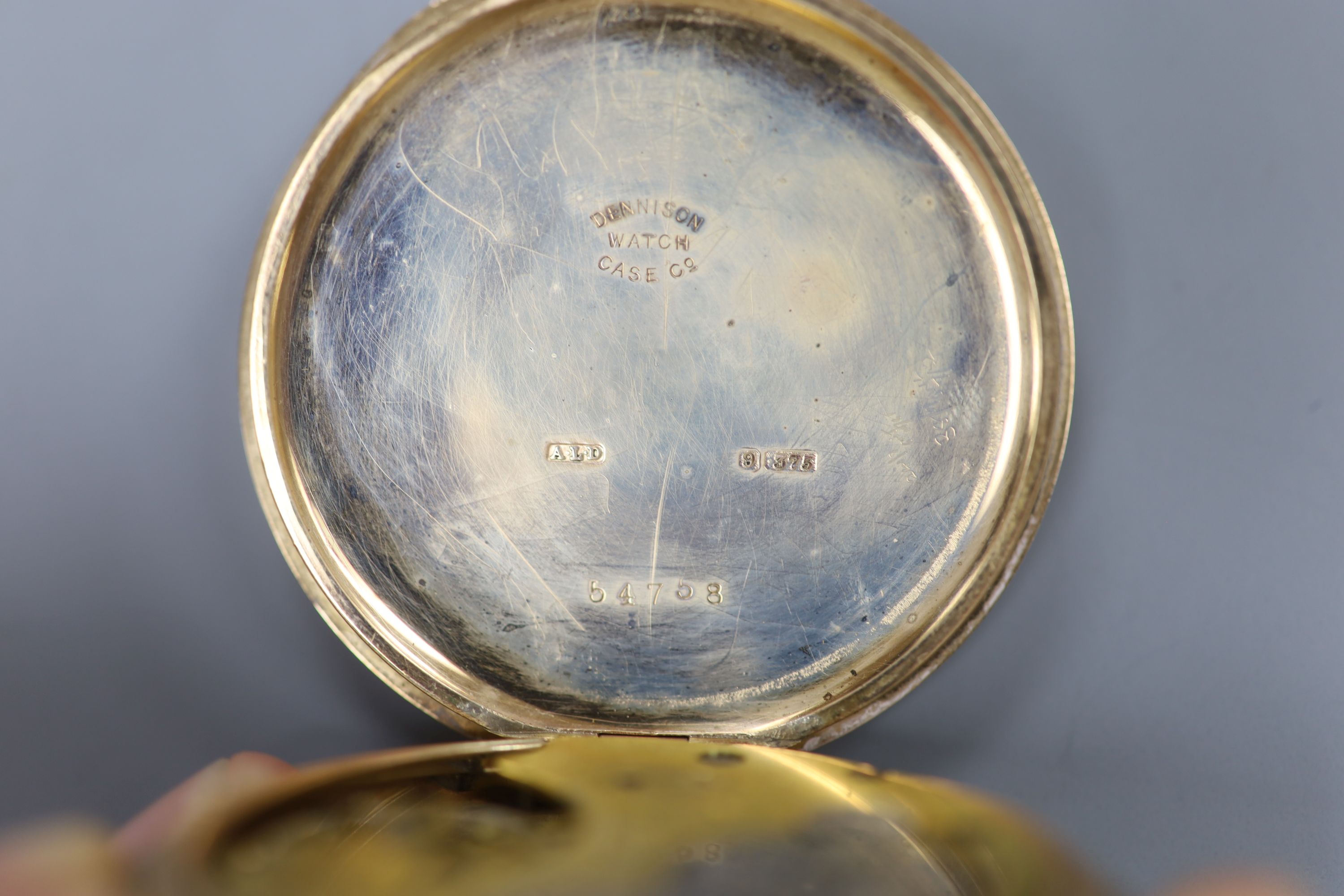 A George V 9ct gold open face keyless lever pocket watch, retailed by T. Ching, Dover, case diameter 48mm, gross 74 grams.